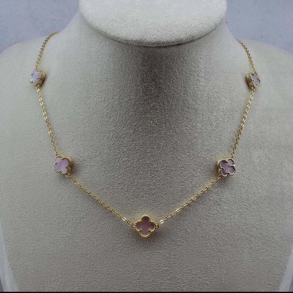 16-18" Pink Mother of Pearl 5-Motif Clover Necklace - Gold over Silver